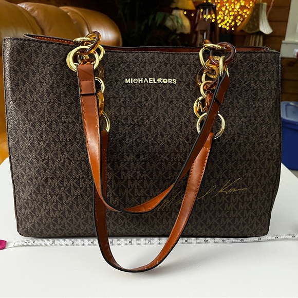 Michael Kors Handbags - Michael Kors Dark Brown Logo Tote with Gold Chain Accents 13” x 10” X 5”